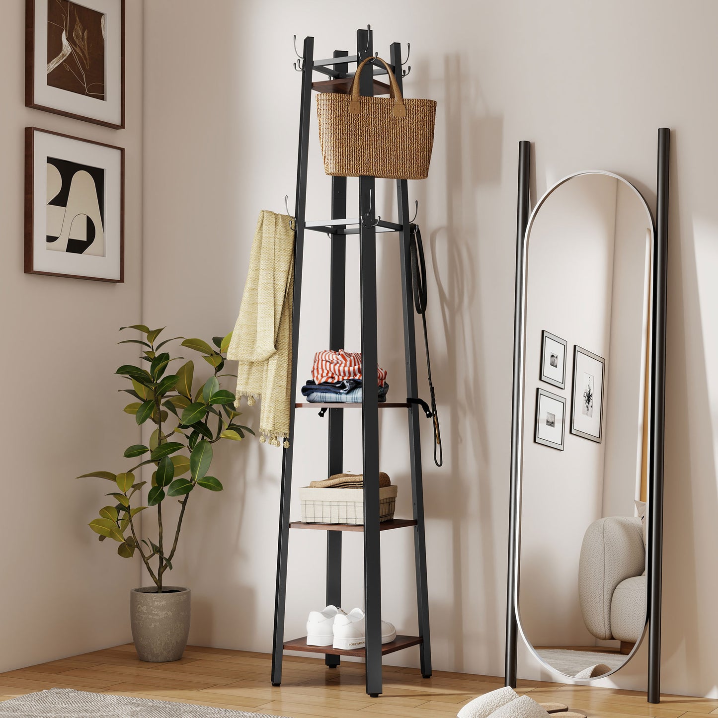 HOMCOM Garderobenständer mit 4 Ebenen, freistehender Kleiderständer, 8 Haken, 4 Regale, Industrie-Stil, Metall, Spanplatte, Braun