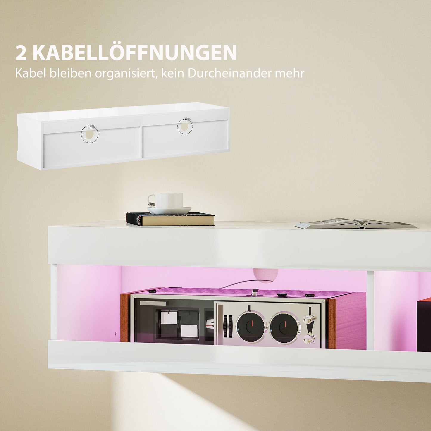 HOMCOM TV Schrank, Hängendes TV Lowboard mit RGB LED-Beleuchtung in 16 Farben, TV Ständer mit offenen Stauraum, für 55-60 Zoll Fernseher, für Wohnzimmer, Schlafzimmer, 140 x 40 x 30 cm, Hochglanzweiß