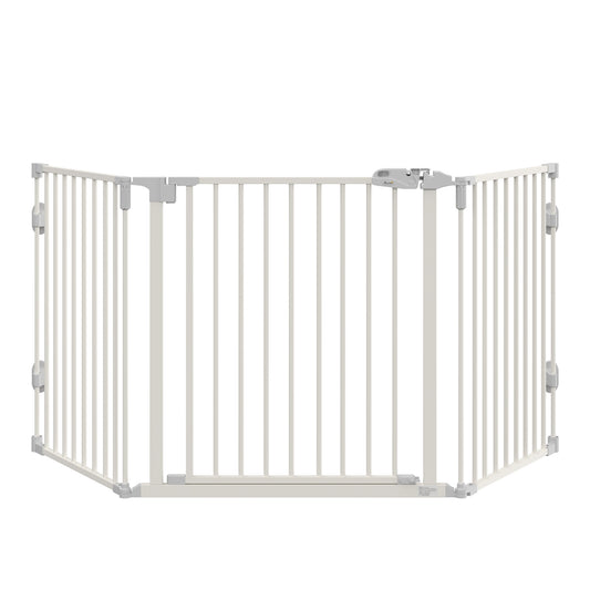 PawHut Hunde Absperrgitter Türschutzgitter Haustierschutzgitter verstellbar klappbar Kamingitter mit automatische schließenden Tür 3 Paneele für Ofen Wandmontage/Freistehend Weiß 202,5 x 76 cm