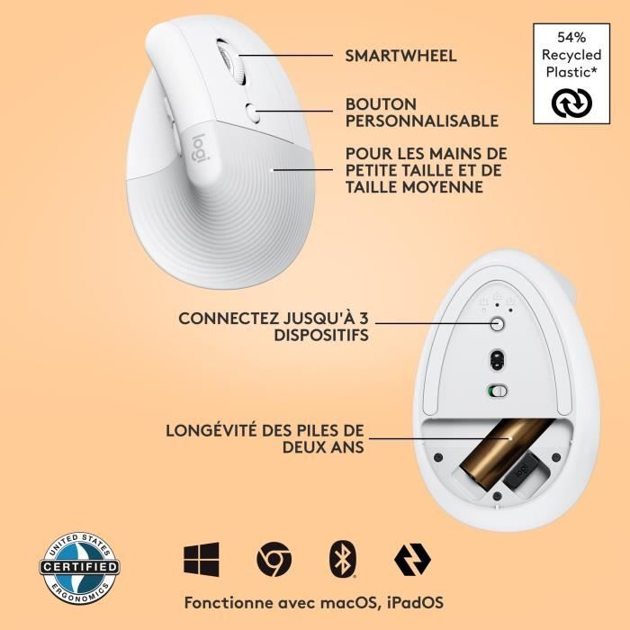 Logitech Lift Ergonomic Vertical Wireless Mouse, Bluetooth or Logi Bolt USB Receiver, Silent - Off-White