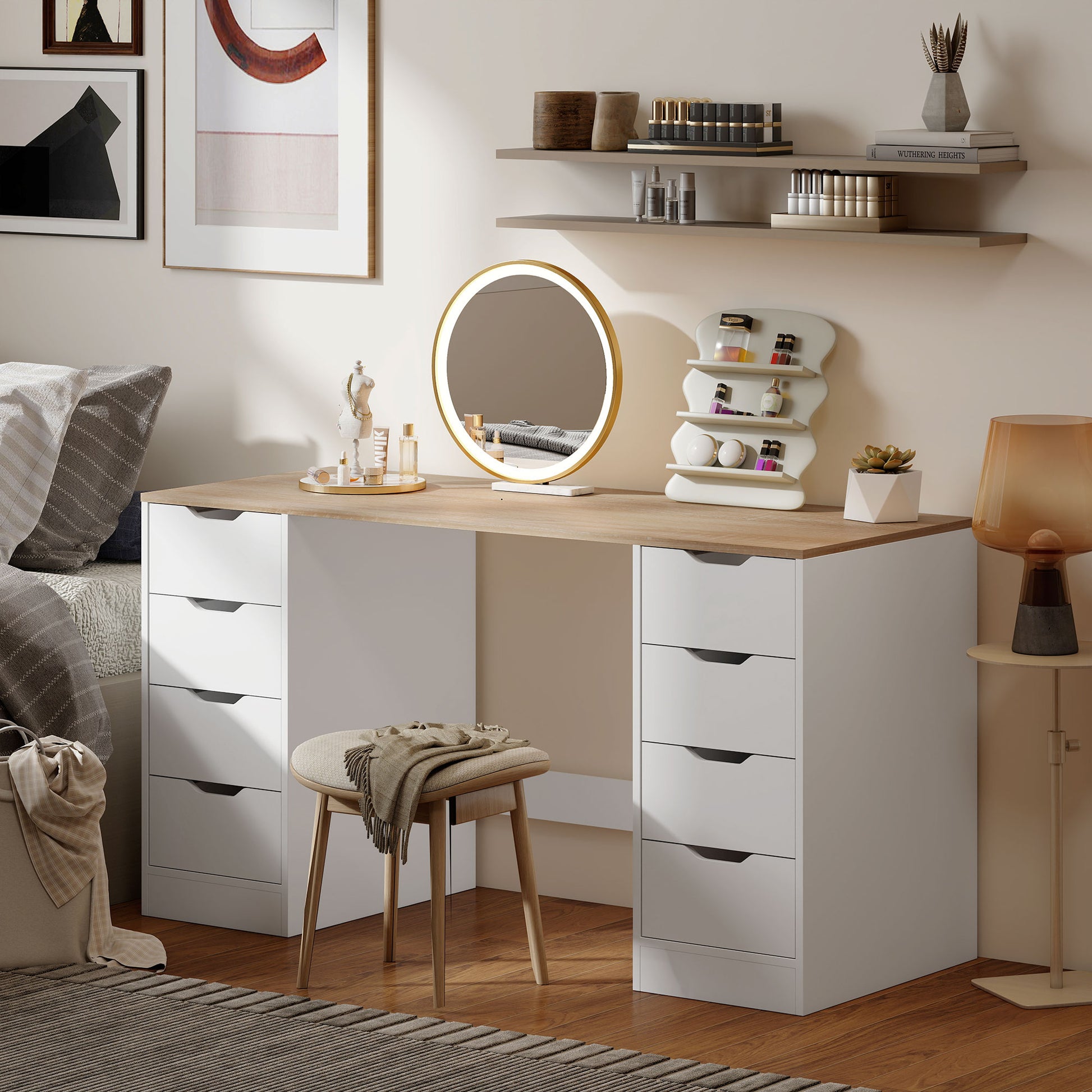 HOMCOM 140 cm Computertisch, 8 Schubladen, Schreibtisch für Homeoffice, Schlafzimmer, Stahl, Holz, Weiß
