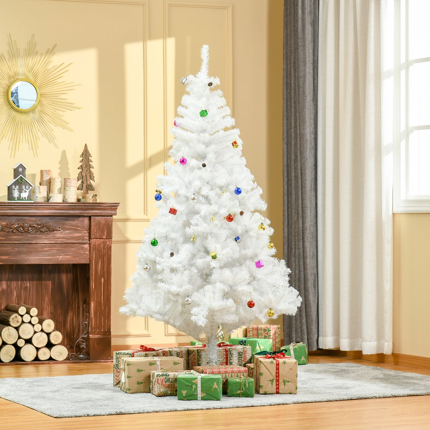 HOMCOM Künstlicher Weihnachtsbaum 180 cm künstlich Tannenbaum mit Kugeln, Glocken, Trommeln, Geschenkboxen, Christbaum mit 930 Spitzen, 12 Tannenzapfen Weihnachtsdeko inkl. Metallständer für drinnen