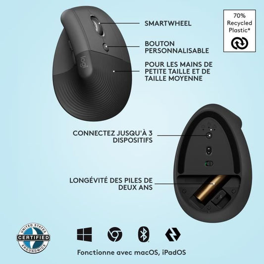 Logitech Lift Ergonomic Vertical Wireless Mouse, Bluetooth or Logi Bolt USB Receiver, Silent - Graphite