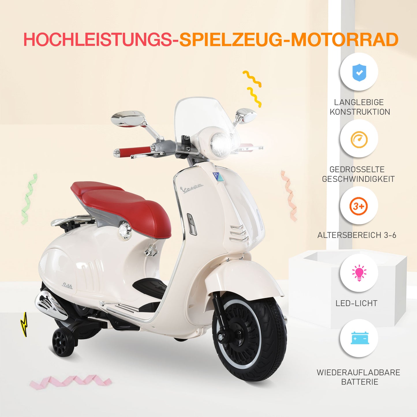 HOMCOM Kinder Elektro-Motorrad, 6V Kindermotorrad mit Scheinwerfer, Musik, Vor- und Rückwärtsgang, Trainingsräder, 30 kg belastbar, Elektromotorrad für 3-6 Jahre Kinder, Weiß