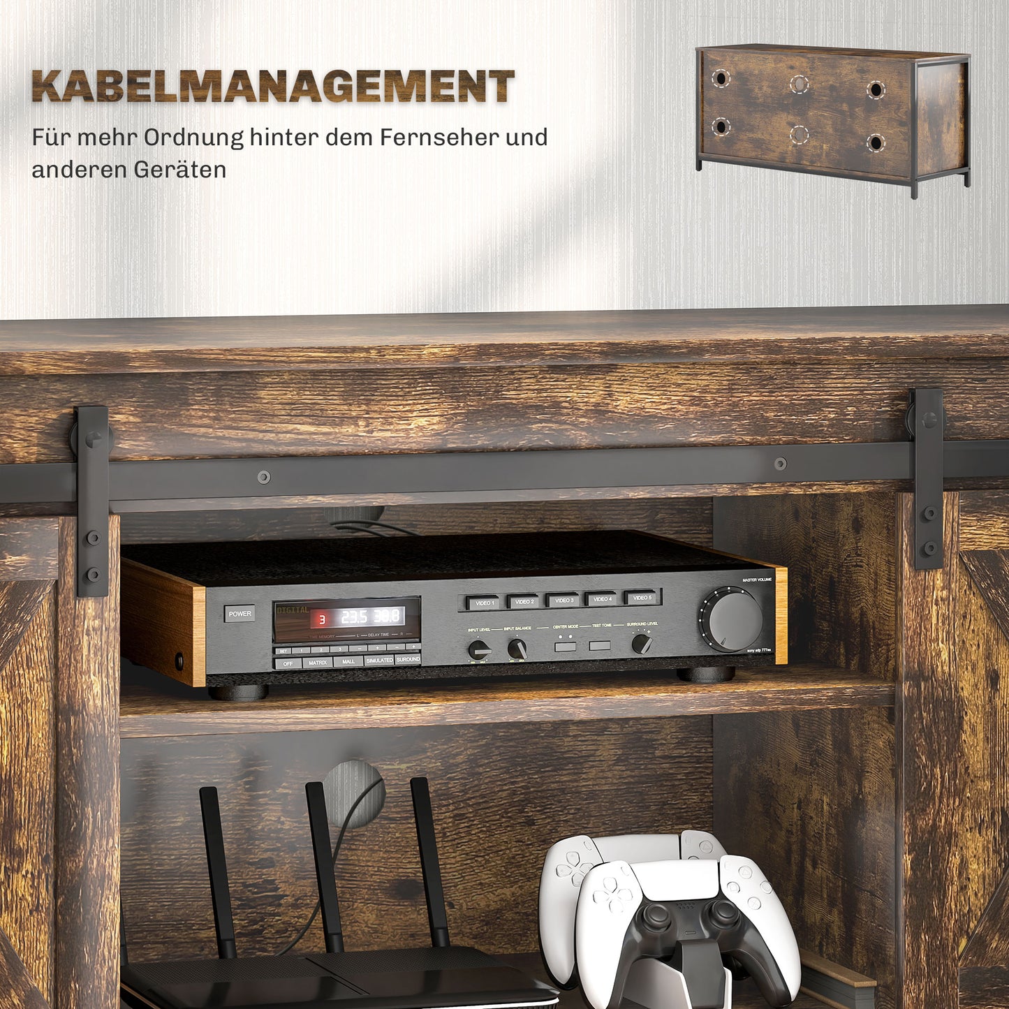 HOMCOM TV Lowboard, Industrial Design, für 60'' TVs, 6 Fächer, 2 Schiebetüren, Braun/Schwarz