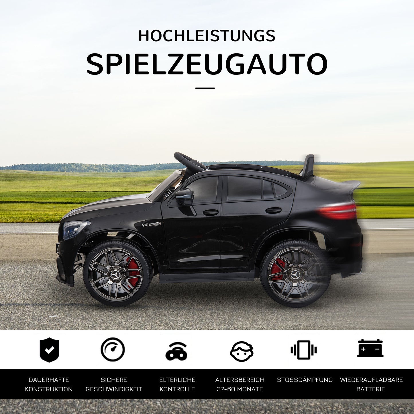 HOMCOM Kinder Elektroauto 12V Kinderauto mit 2,4 G Fernbedienung, 2 Motor, Kinderfahrzeug mit Hupe, Musik, Sicherheitsgurt, Elektrofahrzeug für 37-60 Monate Kinder, Schwarz