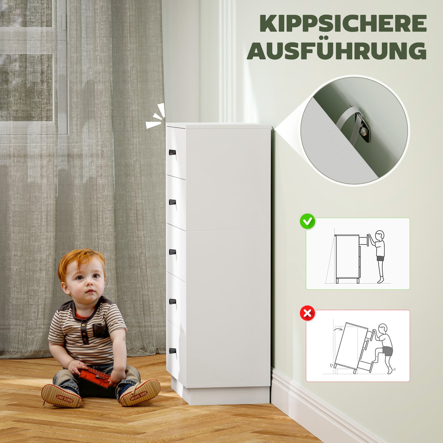 HOMCOM Kommode Sideboard mit 5 Schubladen Schrank aus Holzwerkstoff im Modern Stil 47 x 29 x 95 cm Weiß