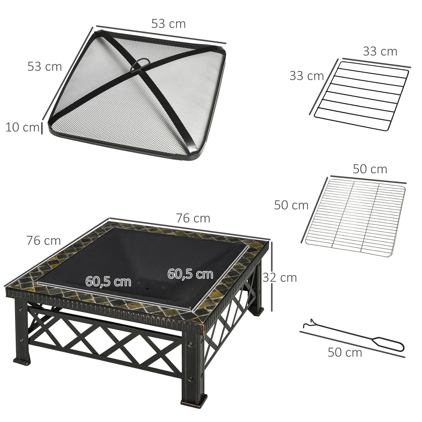 Outsunny 3-in-1 Feuerschale Feuerkorb Feuerstelle mit Funkenschutz Grillrost Eiskübel Garten BBQ Schwarz 76cm x 76cm x 47cm
