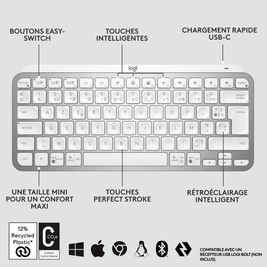 Logitech Wireless Keyboard - MX Keys Mini - PALE GRAY - Compact, Bluetooth, Backlit for MAC, iOS, Windows, Linux, Android