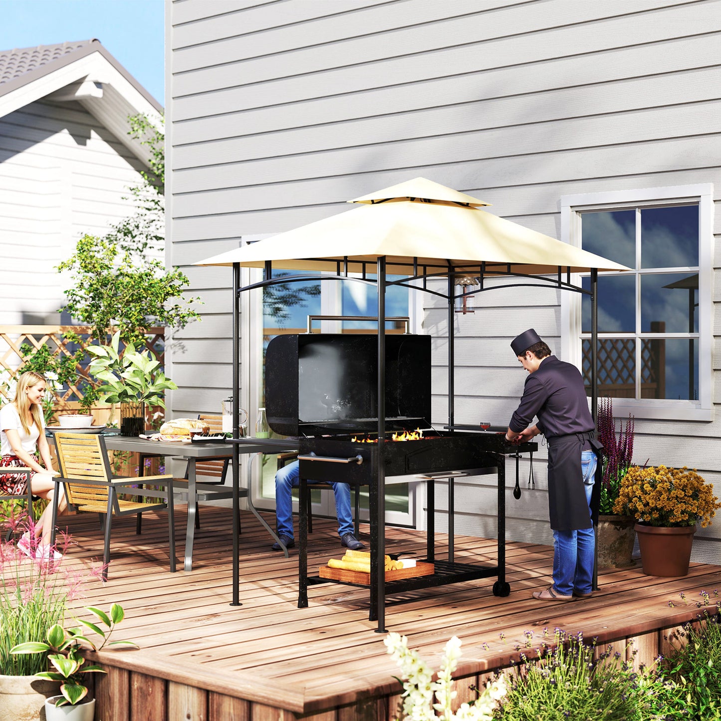 Outsunny Grillpavillon mit LED 240 x 150 x 258 cm wasserabweisend flammhemmend Gartenpavillon mit Doppelschichtdach