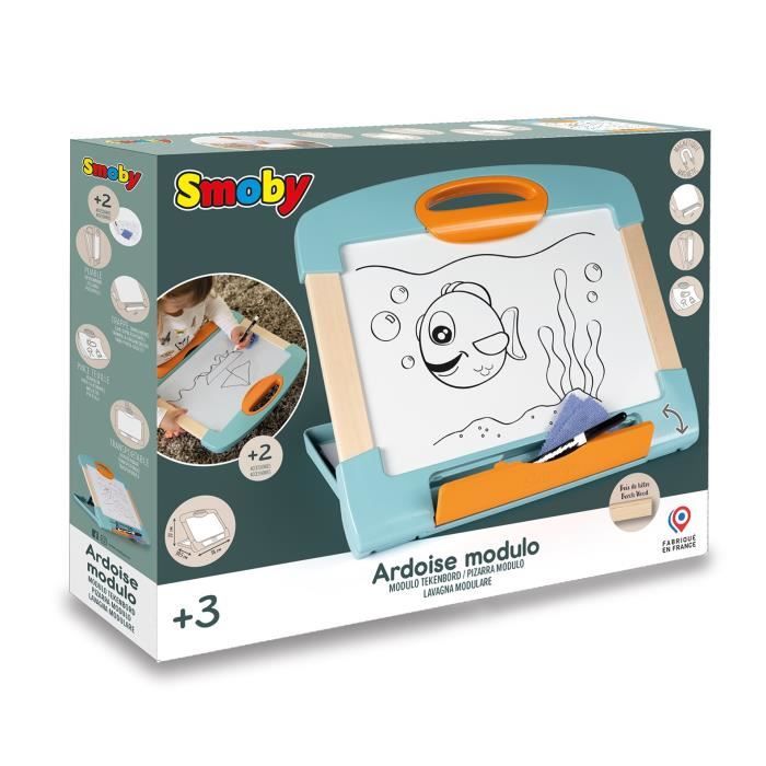 Smoby - Portable slate - 3 different uses - Included: 1 erasable marker, 4 coloring pages and 1 cloth - Made in France