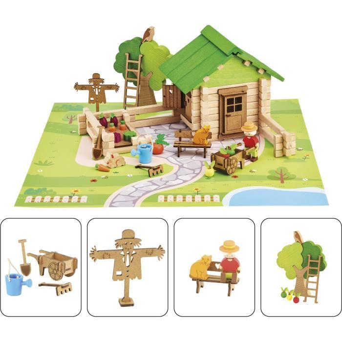 Home and Garden 135 Pieces - JEUJURA - Natural Wooden Construction Game, Mat and Accessories Included, 32x27x11 cm
