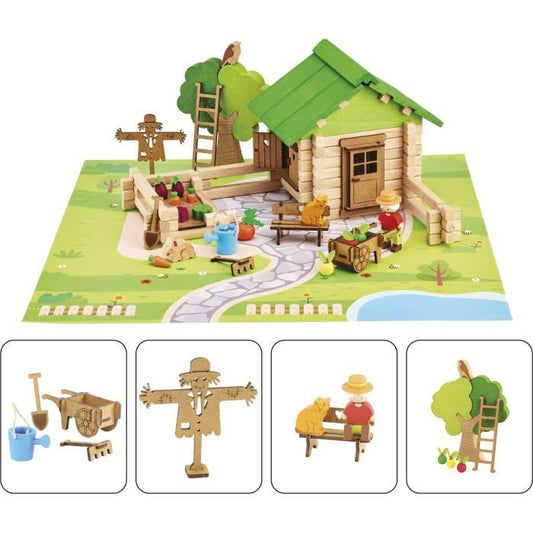 Home and Garden 135 Pieces - JEUJURA - Natural Wooden Construction Game, Mat and Accessories Included, 32x27x11 cm