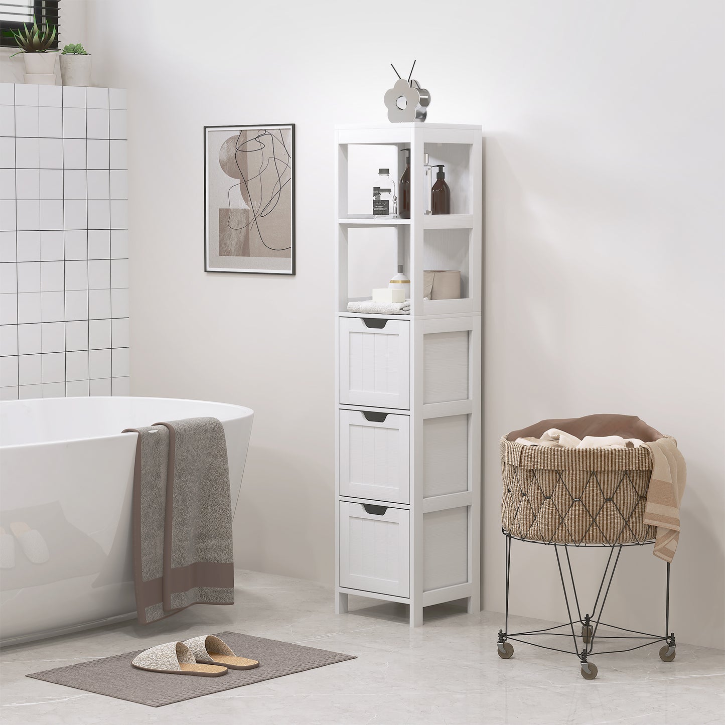 HOMCOM Badezimmerschrank, 2 Regale, 3 Schubladen, wasserabweisendes Material, Weiß