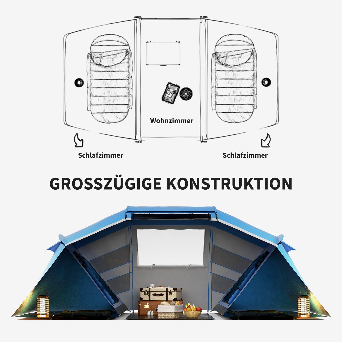 Outsunny Campingzelt für 4-6 Personen leicht, stabil wasserdicht Familienzelt mit Eingang Bodenplane, Zelt mit 2000mm Wassersäule Tunnelzelt Kuppelzelt für Camping Reise Trekking Garten, Blau
