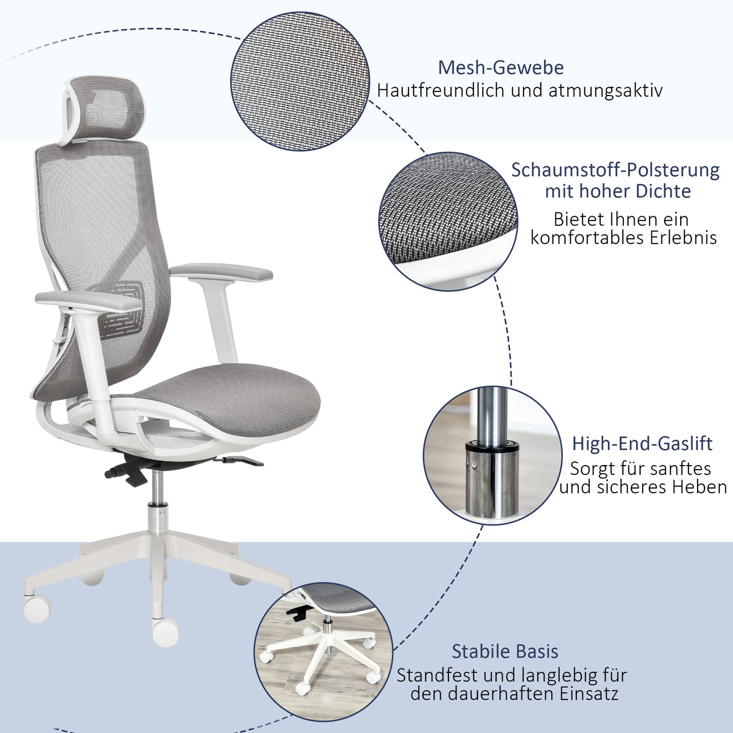 Vinsetto Bürostuhl Schreibtischstuhl Drehstuhl Gamingstuhl mit Kopflehne Lendenkissen 3D-Armlehne 3 Stufen 360°-Drehräder höhenverstellbar ergonomisch Mesh-Stoff Schaumstoff Grau 67 x 65 x 120-128 cm