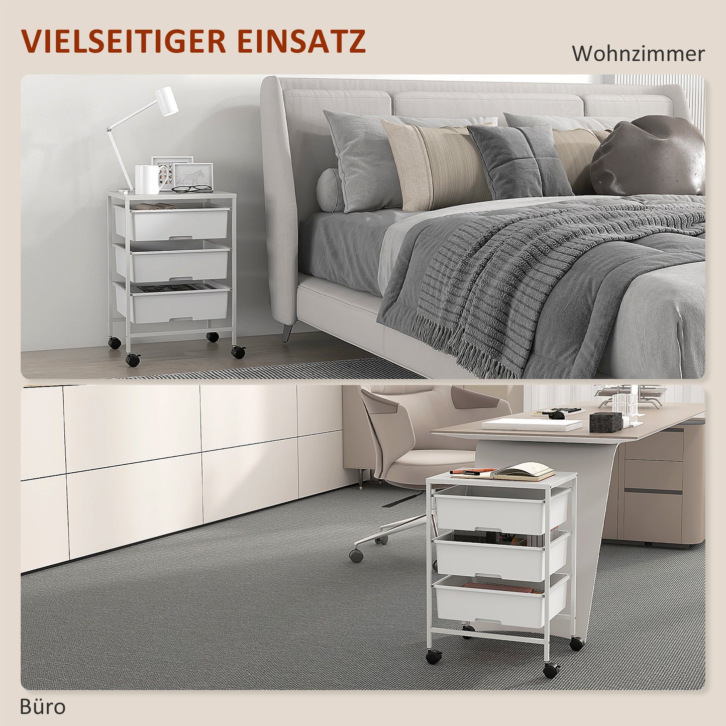 HOMCOM Beistellwagen mit Rädern, 3 Körbe für Transport und Aufbewahrung, Küchenwagen, 40,8L x 33,5B x 60,5H cm, Weiß