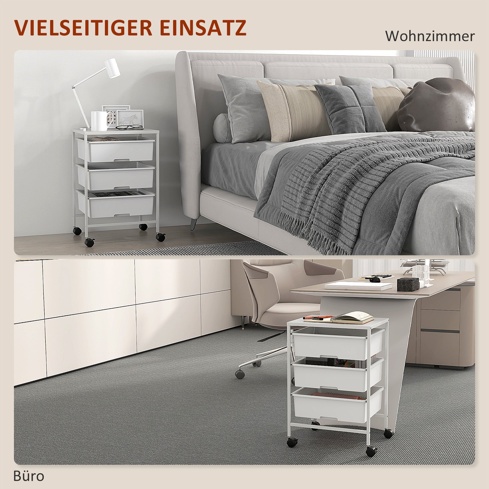 HOMCOM Beistellwagen mit Rädern, 3 Körbe für Transport und Aufbewahrung, Küchenwagen, 40,8L x 33,5B x 60,5H cm, Weiß
