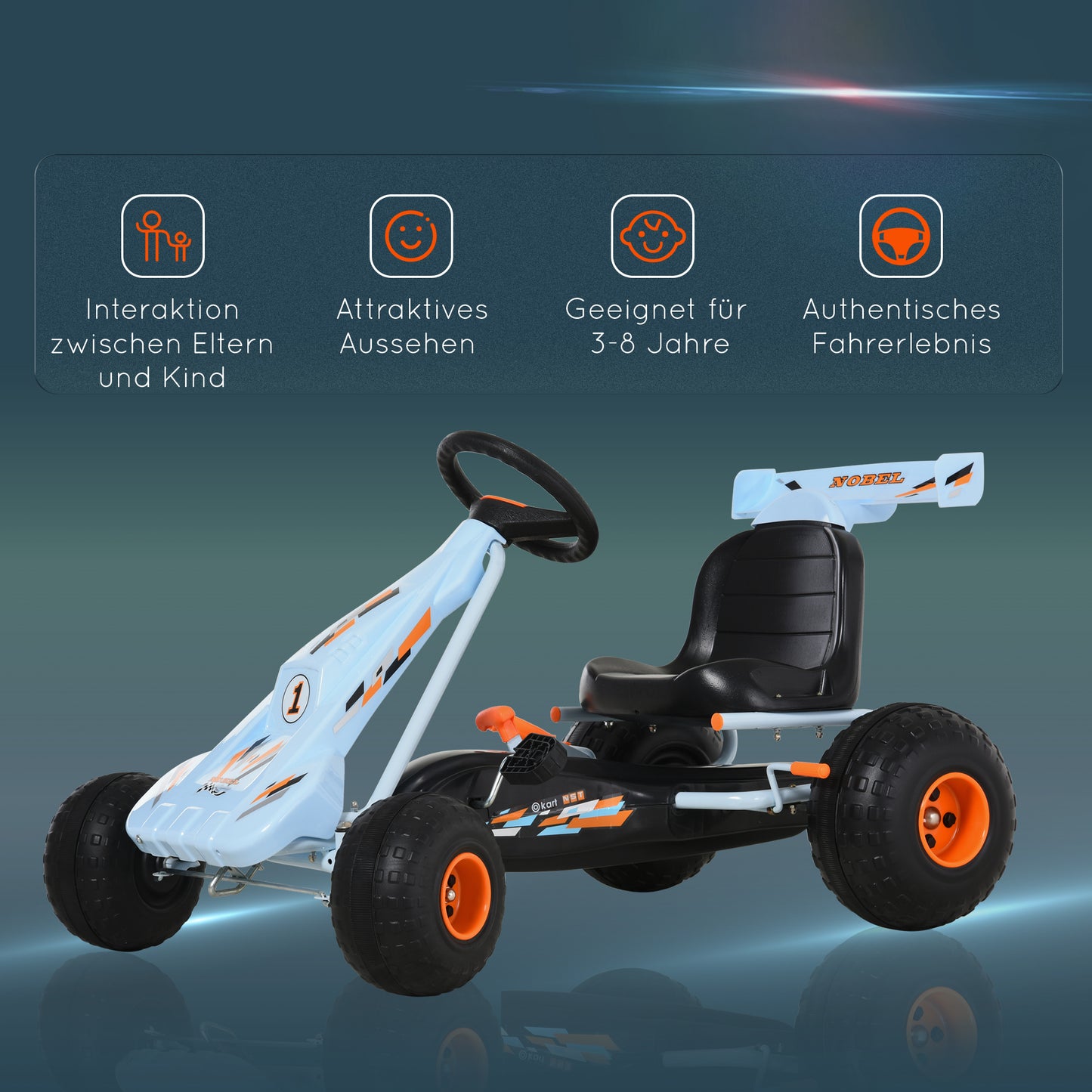 HOMCOM Gokart Tretauto mit Handbremse, verstellbarem Sitz, Pedal, Vor- und Rückwärtsgang, Kettcar Tretfahrzeug Kinderfahrzeug Kinderspielzeug Pedal-Gokart für Kinder ab 3 Jahren Hellblau
