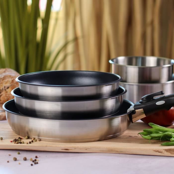 Cookware set - Induction - MENASTYL - 7930018 - Stainless steel - 6 pieces - Removable handle - Grey