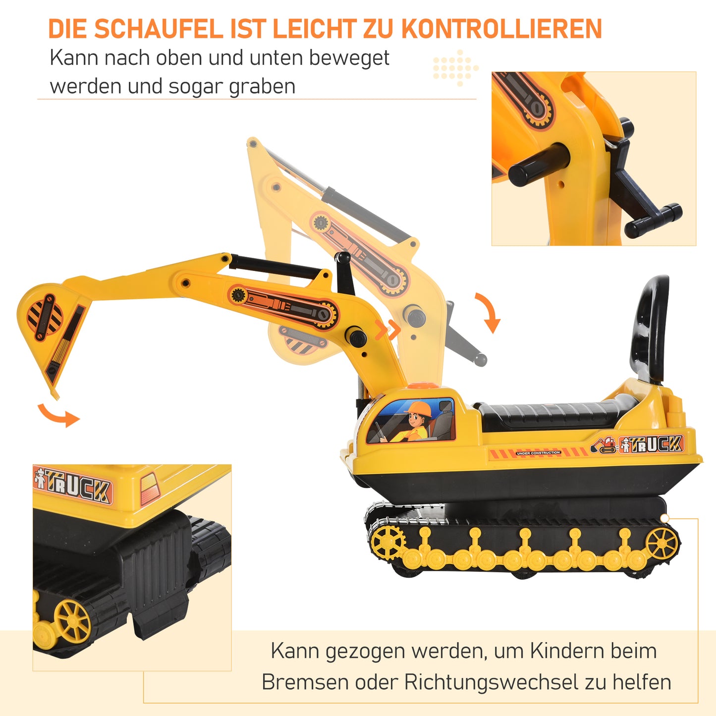 HOMCOM Sitzbagger Aufsitzbagger mit Schaufel Hupe, Kinderbagger mit Stauraum unter Sitz, Rutschauto Baggerfahrzeug zum Sitzen bis 30kg, Draufsitzen Sandbagger für Kinder 1,5-4 Jahre Gelb