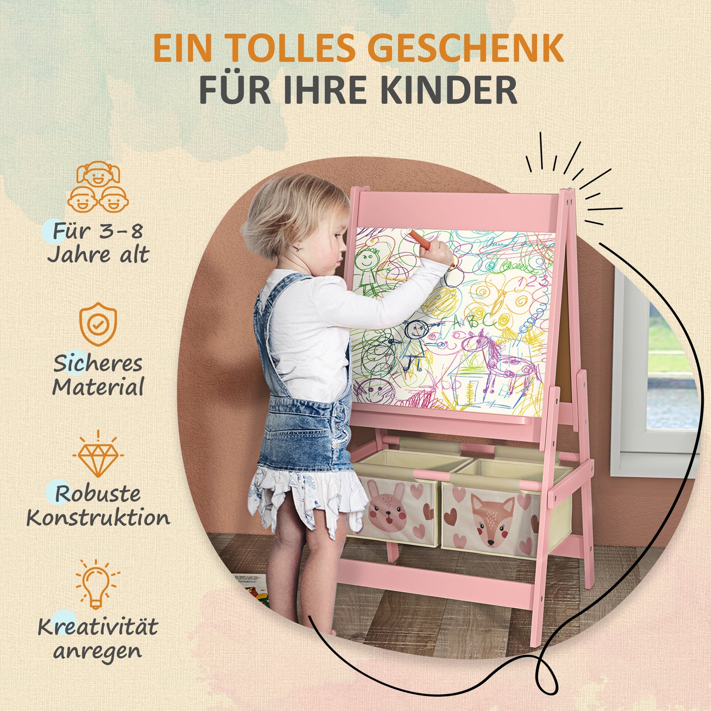 AIYAPLAY 3-in-1 Kinder Staffelei mit Papierrolle, Kreidetafel, Whiteboard, Aufbewahrungskörbe, 54 x 46,5 x 93 cm, rosa