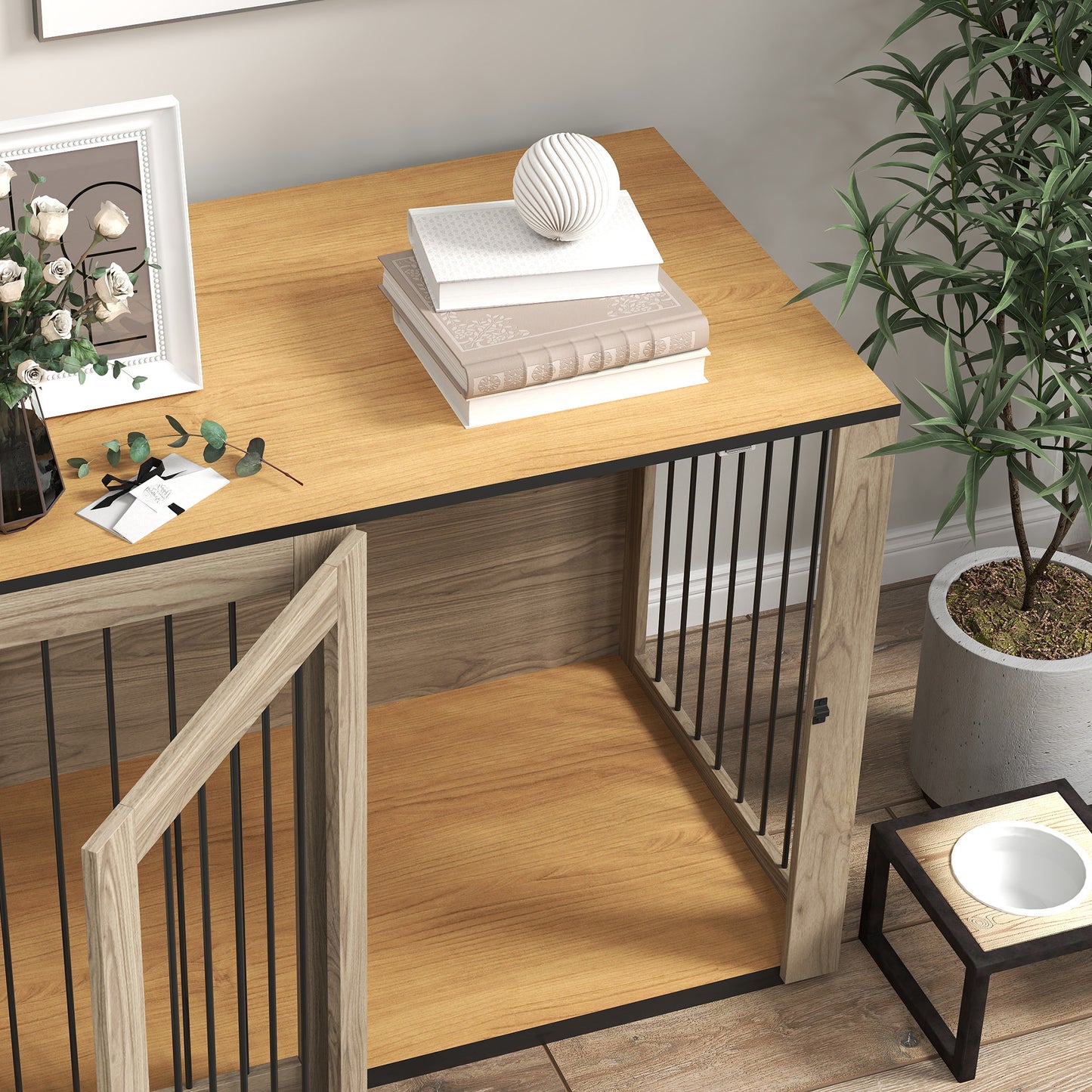 PawHut Hundebox, Haustierbox für große Hunde, Hundehütte, inomhus, 106 x 60 x 76 cm, Eiche