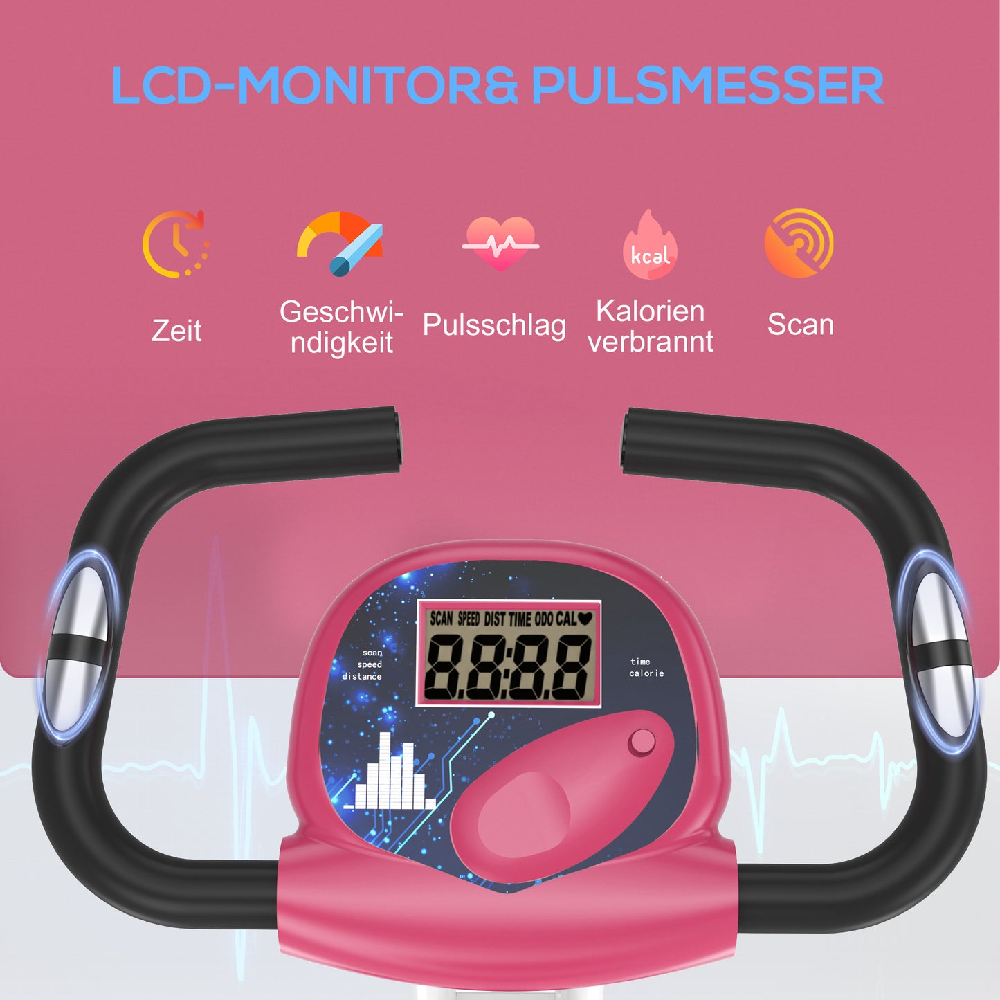 HOMCOM Heimtrainer Fahrradtrainer klappbar Magnetisch Hometrainer Fahrrad mit LCD Monitor, 8 stufig einstellbarem Magnetwiderstand, Platzsparend Fitnessbikes für Zuhause Rosa+Weiß