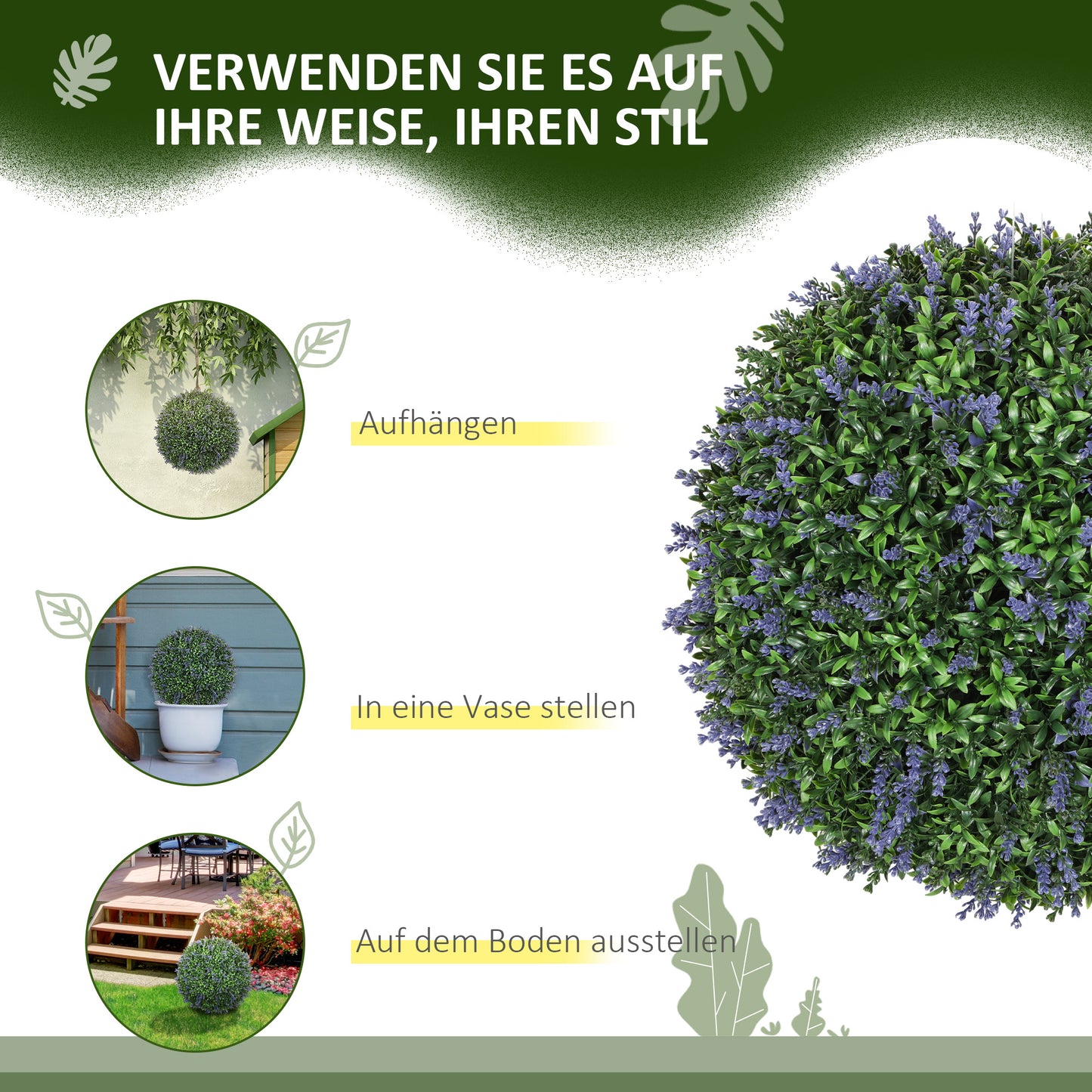 HOMCOM 2er-Set künstliche Pflanzen in Kugelform, UV-beständig, Kunstpflanzen für Indoor- und Outdoor-Bereich, 42 cm, Grün+Lila