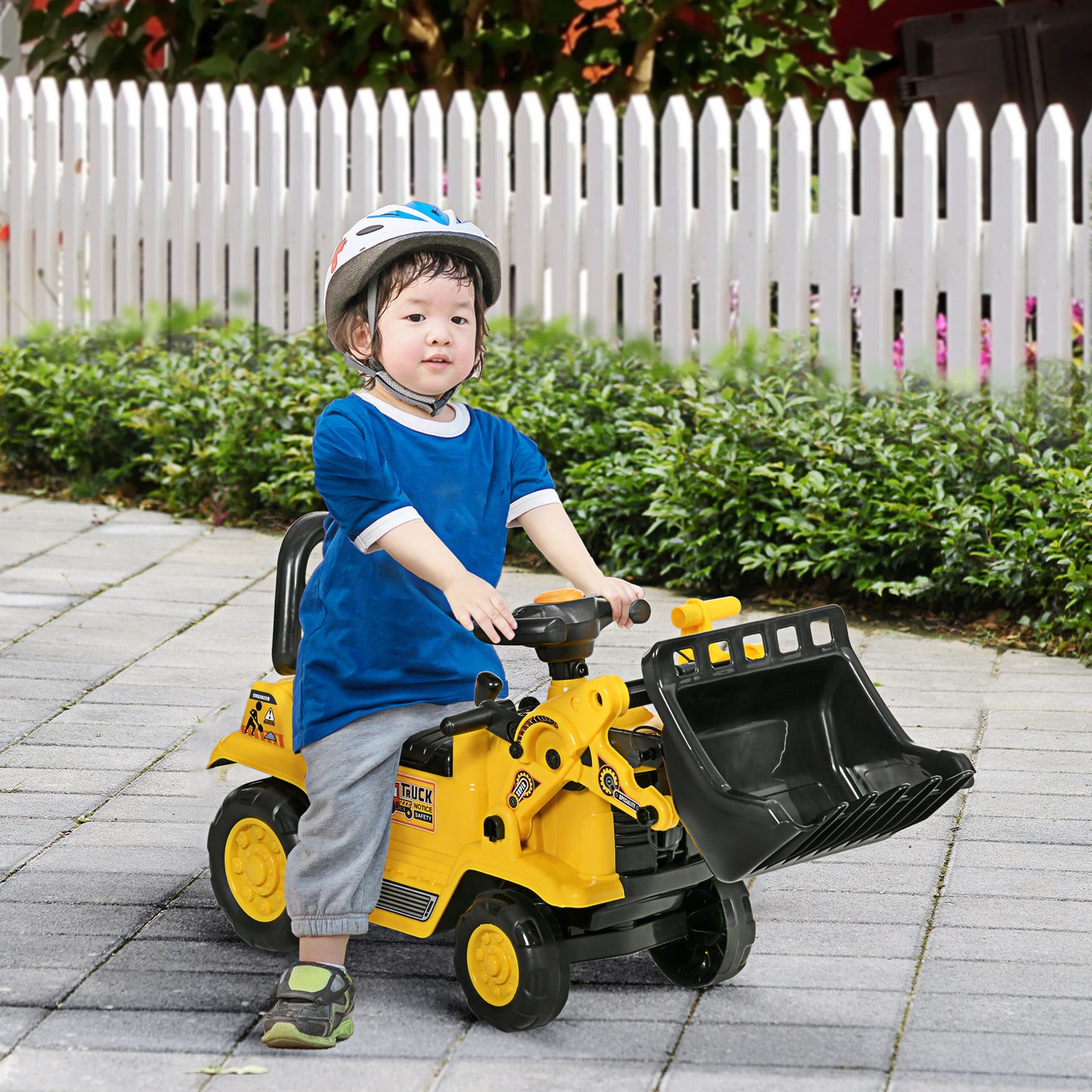 HOMCOM Sitzbagger Aufsitzbagger mit Schaufel Kinderbagger mit Stauraum unter Sitz Rutschauto Spielzeugbagger zum Sitzen bis 30kg, Draufsitzen für Kinder 1,5-4 Jahre Gelb+Schwarz