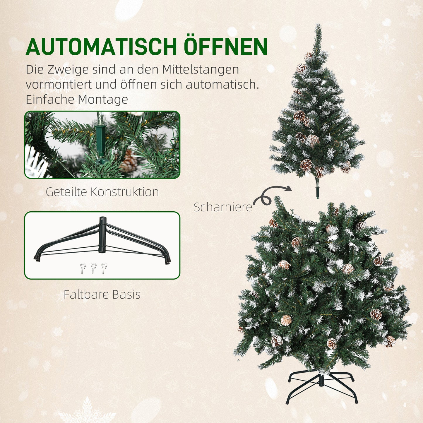 HOMCOM Künstlicher Weihnachtsbaum, 676 Zweige, 41 Zapfen, verschneite Spitzen, feuerfest, 180 cm