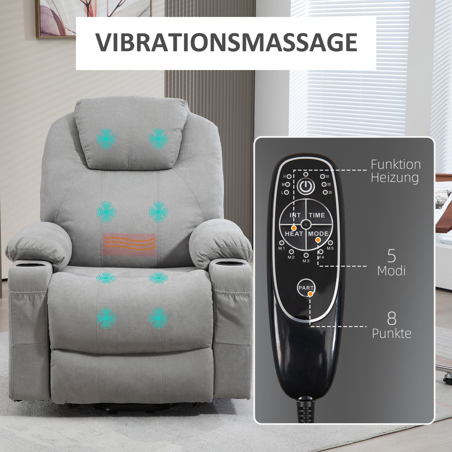 HOMCOM Massagesessel Aufstehhilfe Seniorensessel, 8 Vibrationspunkte, 2 Seitentaschen, Getränkehalter, 90 x 101 x 107 cm, Grau