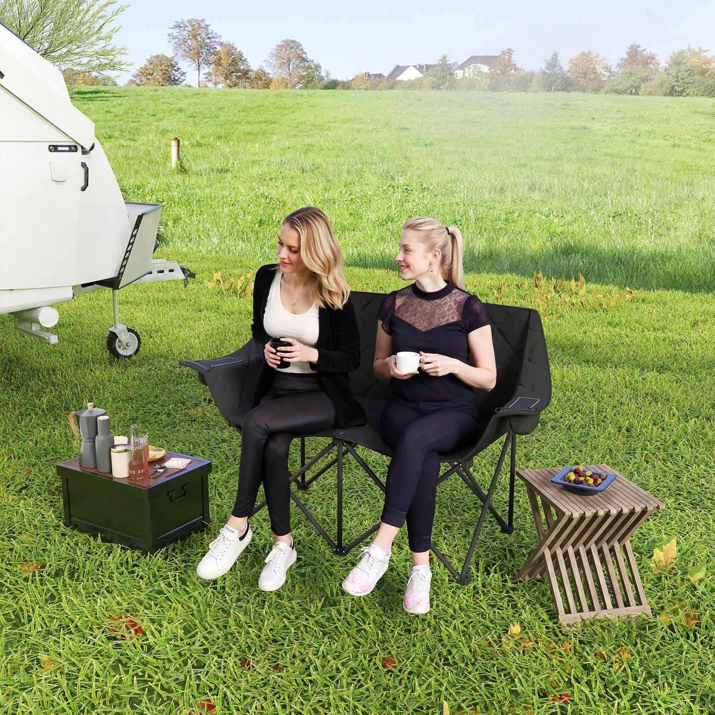 Outsunny Faltstuhl faltbar 2 Sitzer Campingstuhl mit Tragetasche Outdoor bis 250kg belastbar 145 x 60 x 92 cm Schwarz