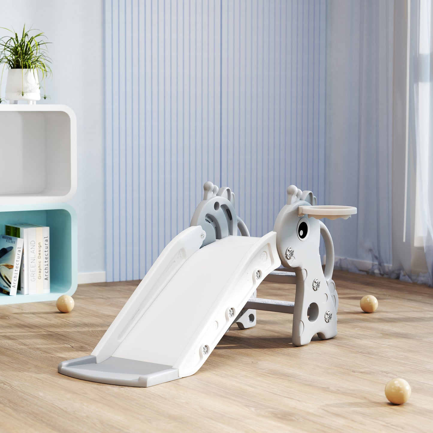 AIYAPLAY 3-in-1 Rutsche für Kinder, Giraffenform, Basketballkorb, Ball, Grau