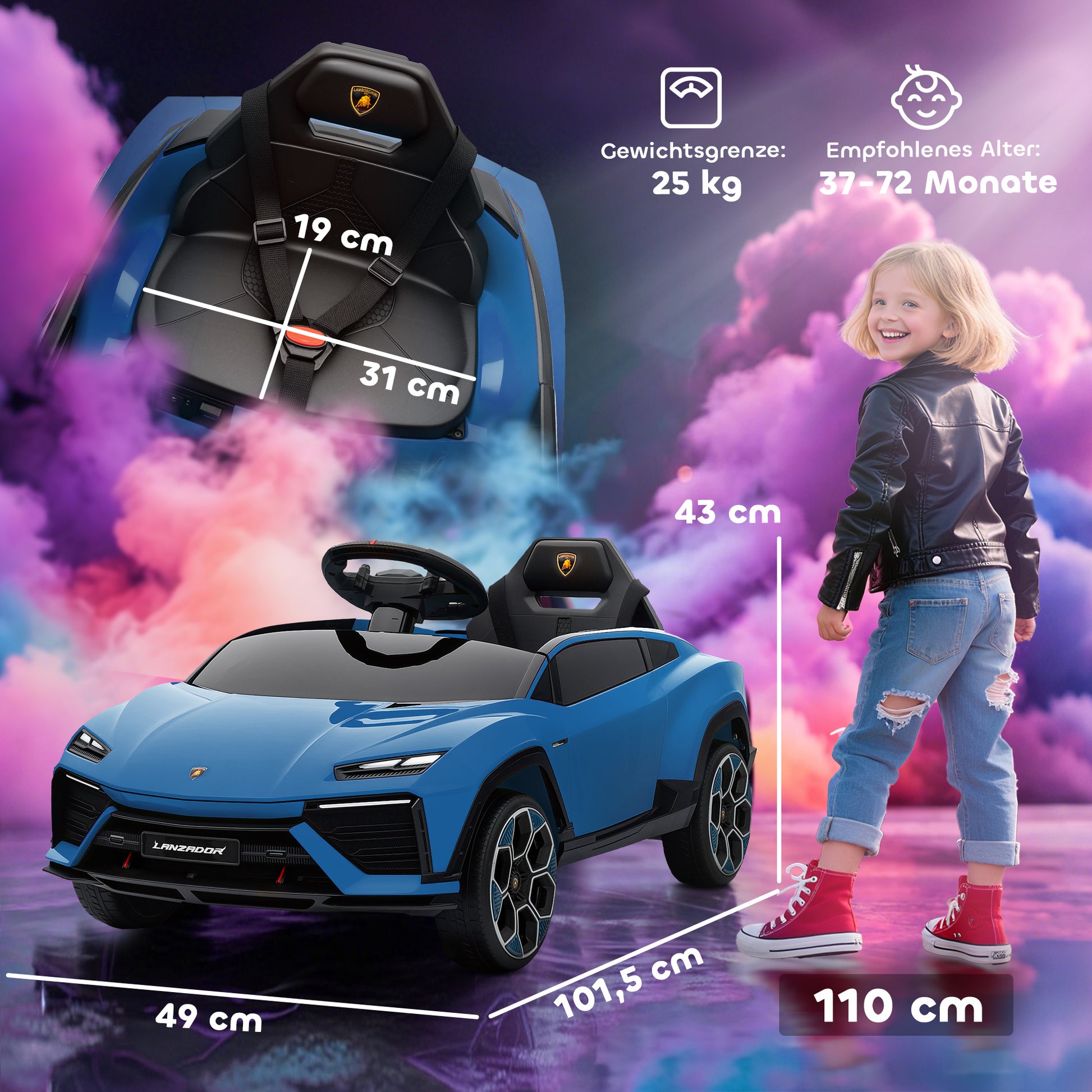 AIYAPLAY Kinder Elektroauto 12V Kinderauto mit 2,4 GHz Fernbedienung, 2 Motor, Hupe, LED, Musik, 101,5 x 49 x 43 cm, Blau