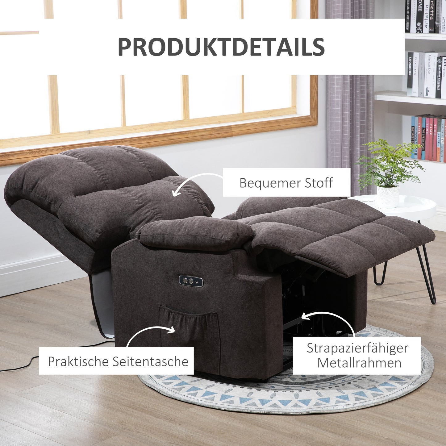 HOMCOM Relaxsessel, Neigbarer Aufstehsessel, verstellbar, mit USB-Anschluss, Seitentasche, Fußablage, Schaumstoff, Braun