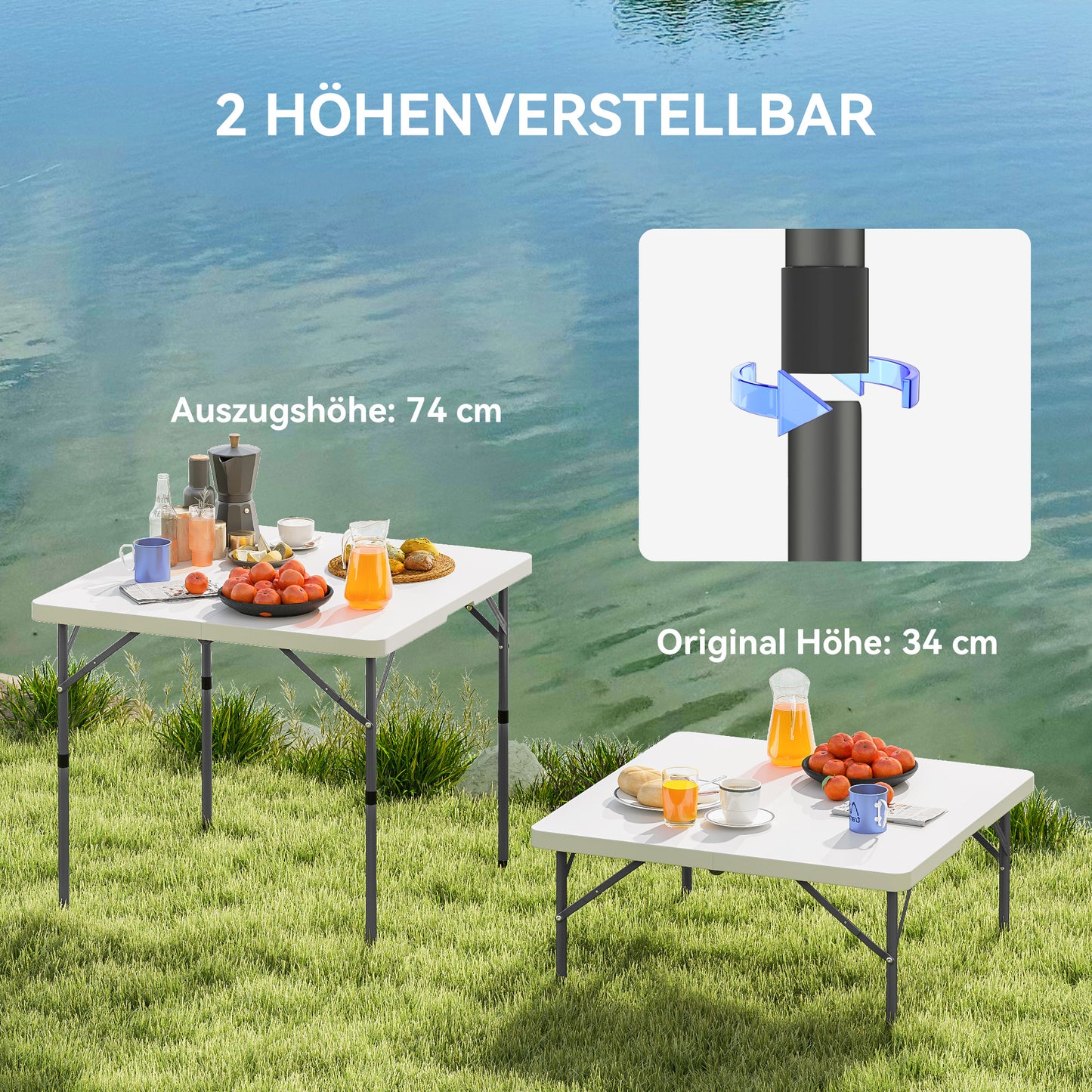 Outsunny Picknicktisch, Klappbarer Campingtisch, in zwei Höhen einstellbar, für Gartenpartys, Camping, Kunststoff, Metall, Weiß