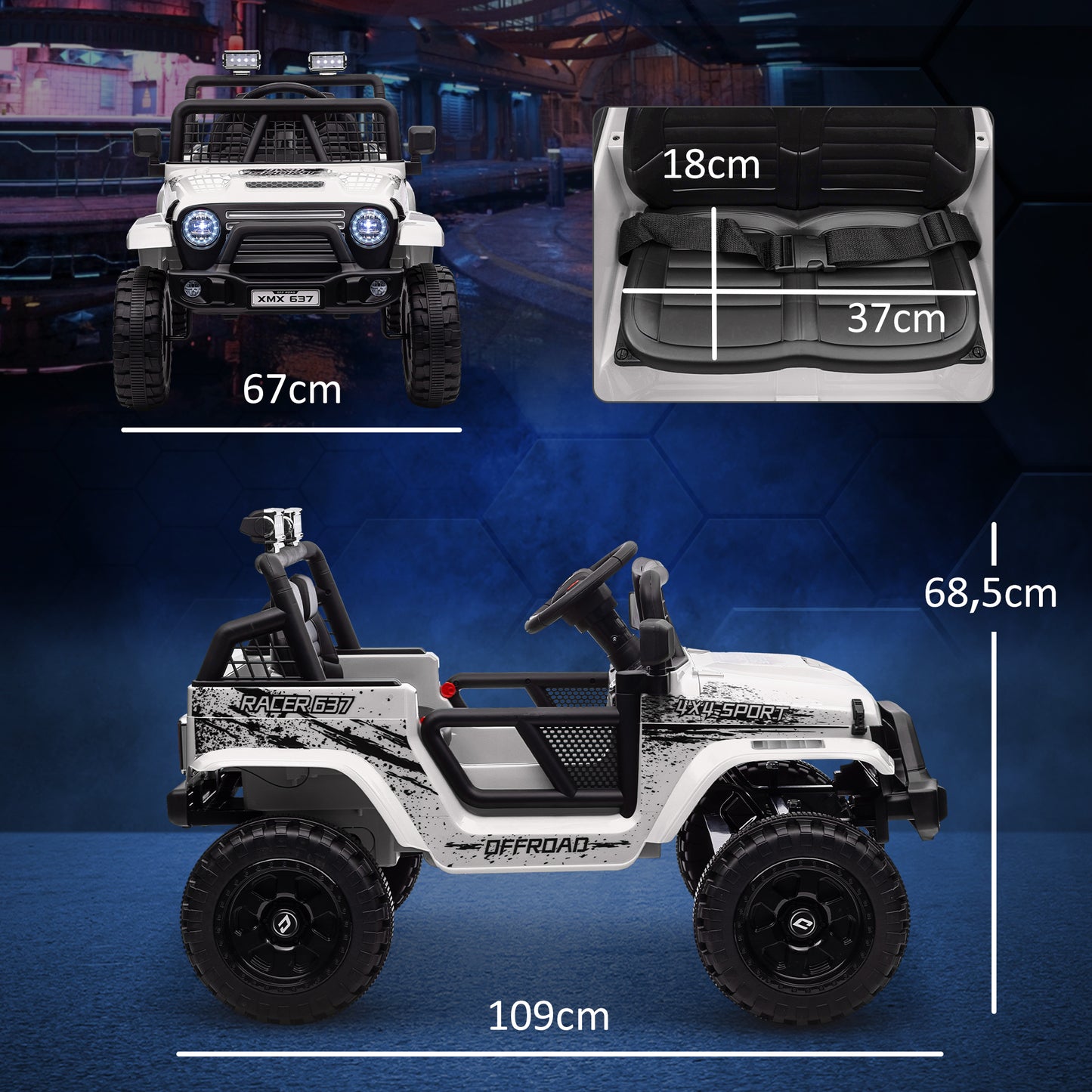 AIYAPLAY Kinder-Elektroauto mit sanfter Federung, fernsteuerbar, LED-Lichter, Hupe, 12V-Motoren, aus Kunststoff und Metall, Weiß