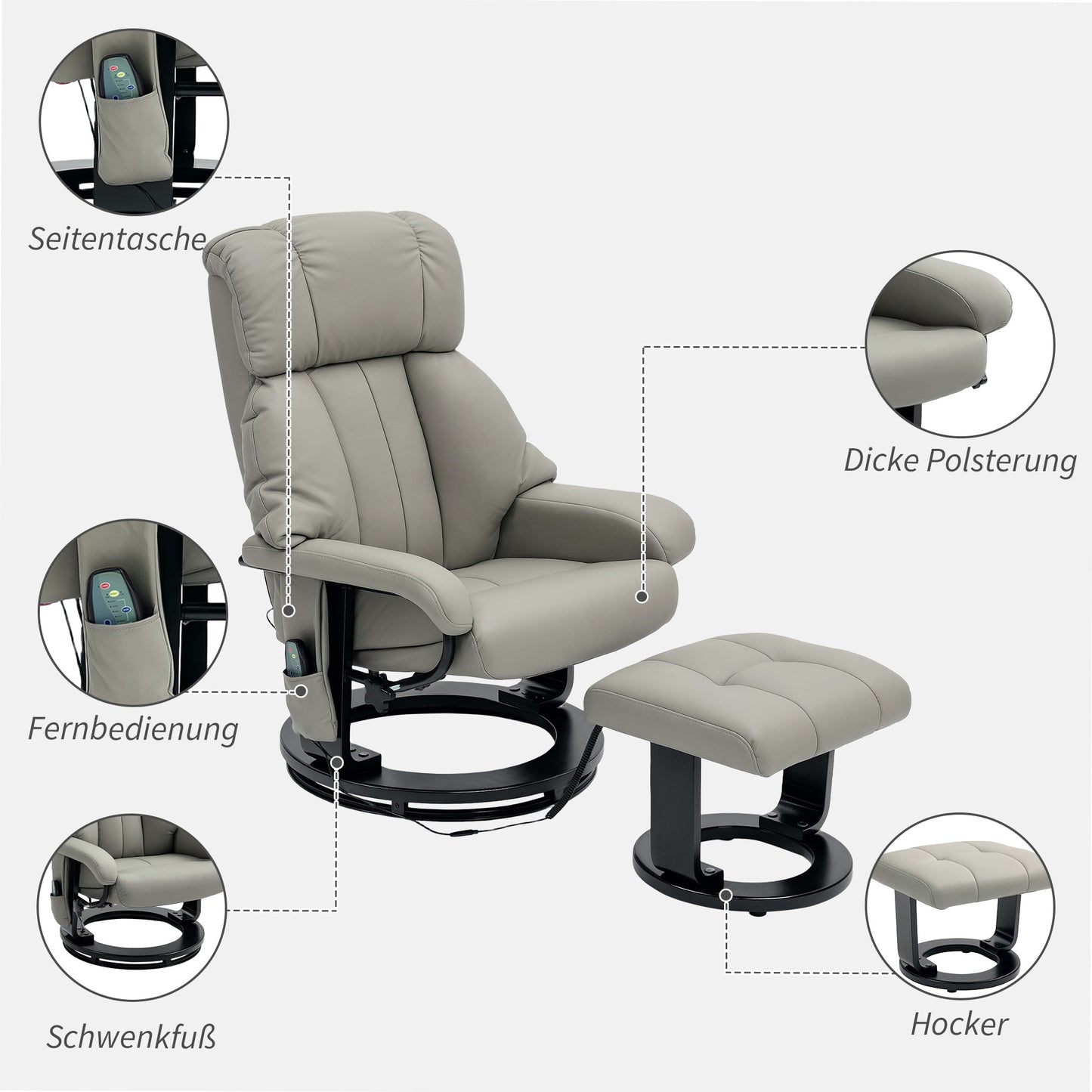 HOMCOM Relaxsessel Massagefunktion Fernsehsessel mit Seitentasche, Kunstleder, Grau