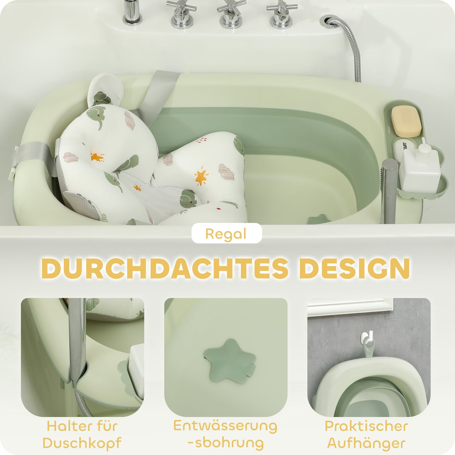 AIYAPLAY Babybadewanne, faltbar, rutschfester Boden, Elefanten-Badekissen, 86 x 53 x 25,5 cm, Grün