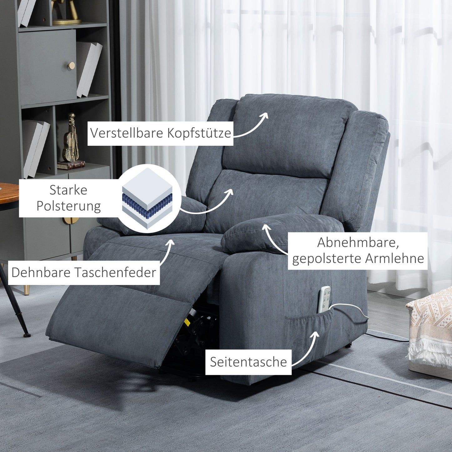 HOMCOM Aufstehsessel, Relaxsessel, mit Liegefunktion, Fernbedienung, Samtoptik, grau, 92 x 93 x 105 cm