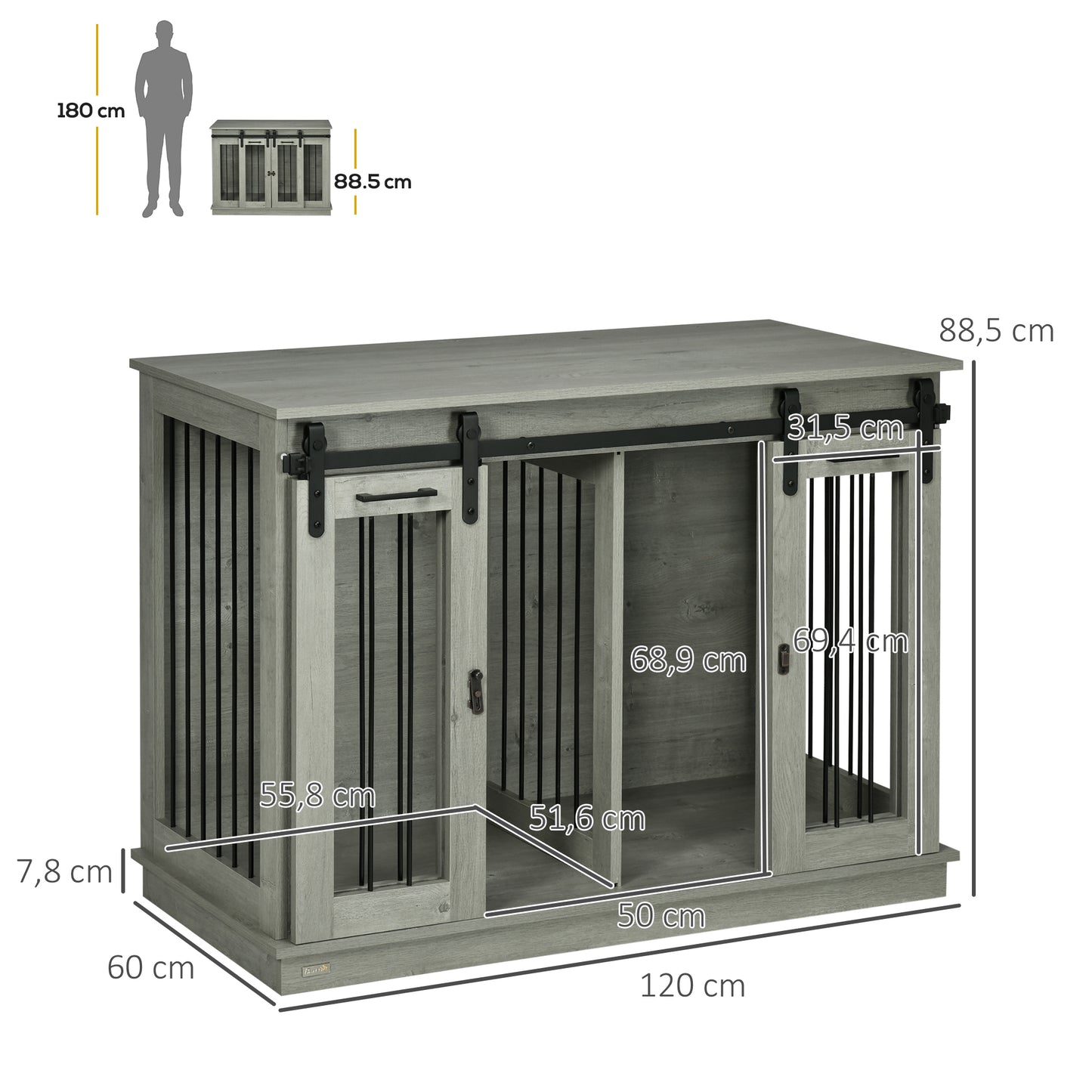 PawHut Hundekäfig mit 2 Türen, Hundebox, Transportbox für Hunde, rustikales Design, verriegelbar, Grau