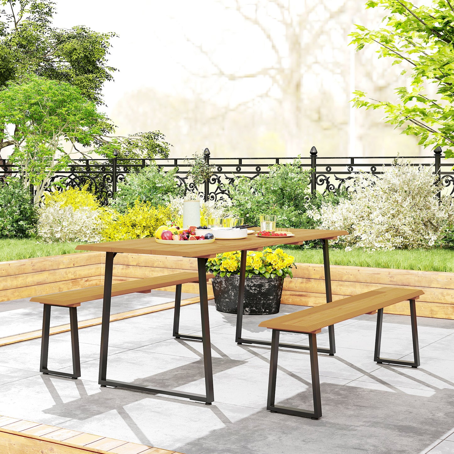 Outsunny Sitzgruppe 3-teilig Holz Essgrupp für 6 Personen Esstisch mit 2 Bänke Schirmloch Holztisch 178 x 76 x 77 cm Naturholz