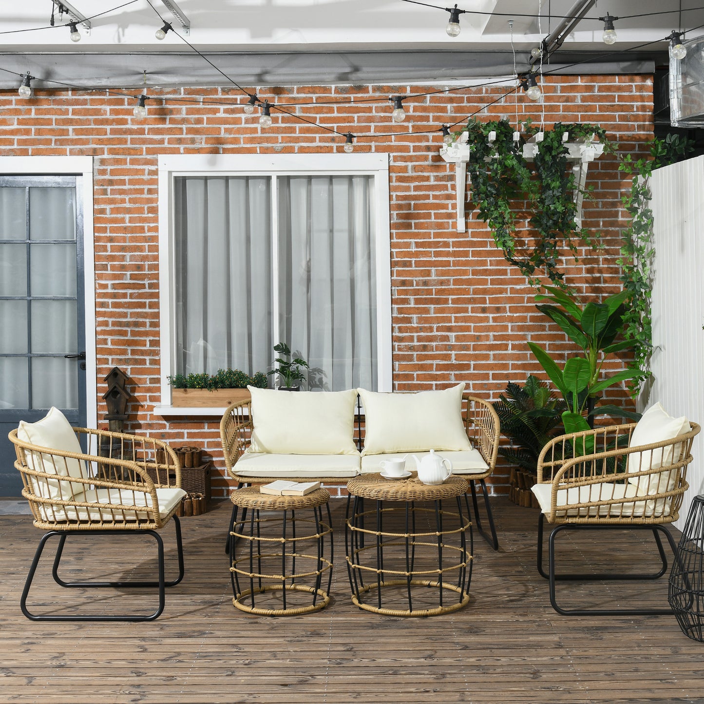 Outsunny Rattansitzgruppe Lounge-Set Outdoor-Sitzgruppe, Boho-Stil, 5-teilges Set, 145 x 70 x 78 cm, Creme + Natur + Schwarz