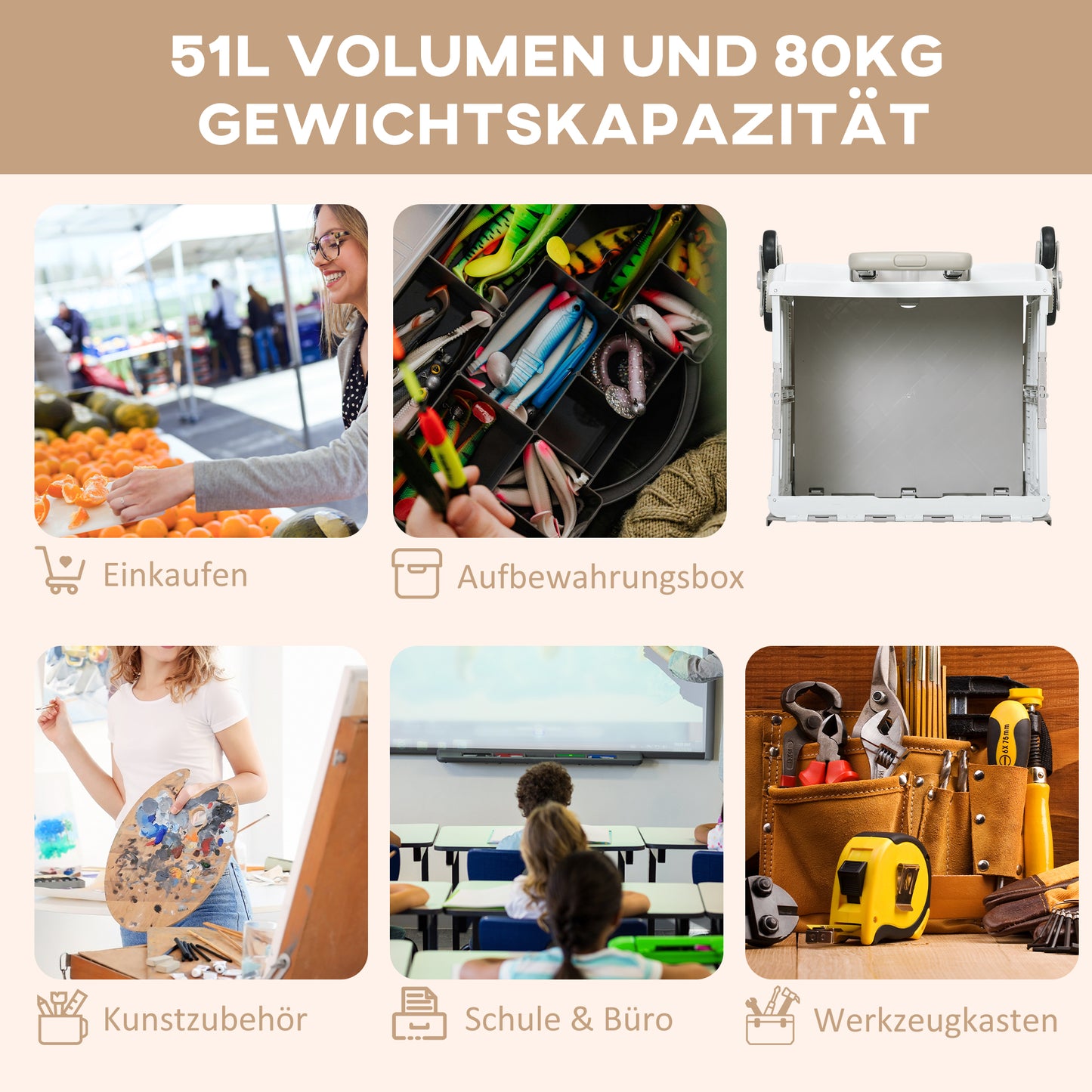 HOMCOM Einkaufstrolley Treppensteiger Mobile Transportbox, klappbar, Teleskopgriff, bis max. 65 Kilo belastbar, Weiß