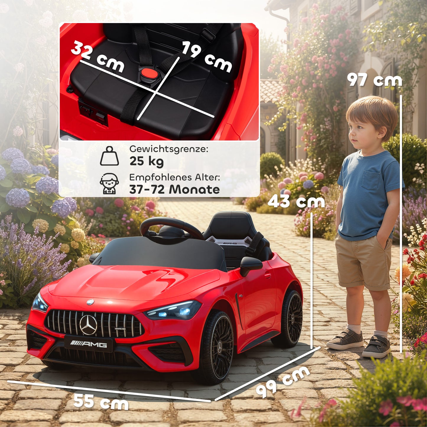 AIYAPLAY Kinder-Elektroauto, Mercedes-Design, 12V Motoren, Fernbedienung, LED-Lichter, Musik, für 3-6 Jahren Kinder, Rot