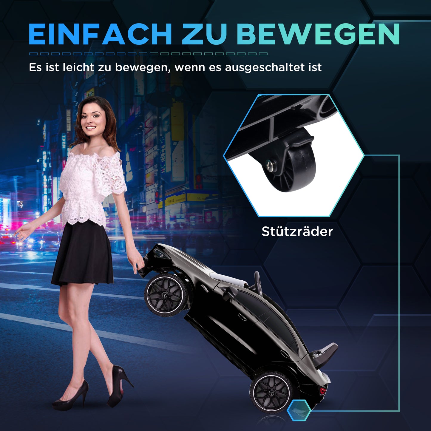 AIYAPLAY Kinder-Elektroauto, fernsteuerbar, mit Transportrollen, LED-Lichter, Hupe, für Kinder von 3-6 Jahren, Schwarz