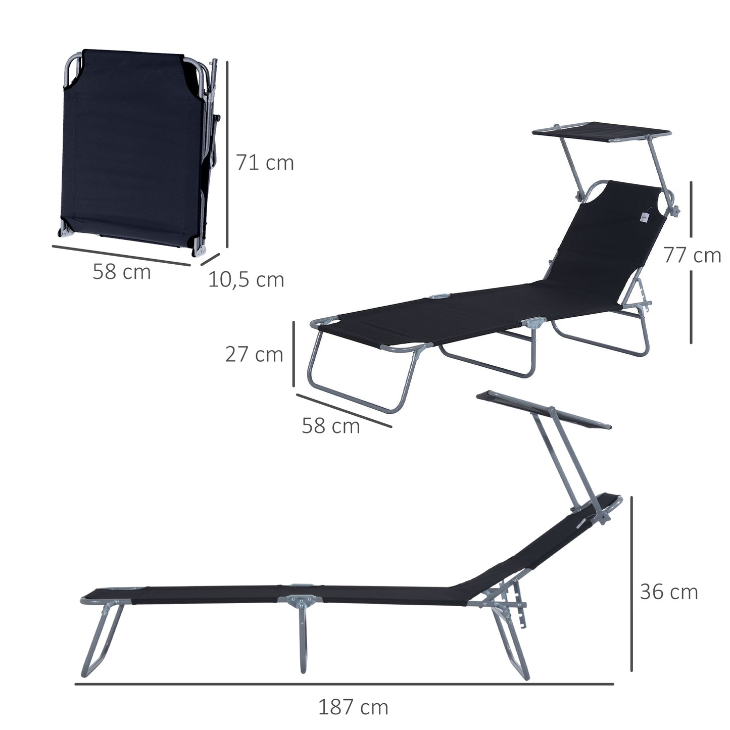 Outsunny Sonnenliege klappbar Gartenliege mit Sonnenschutz Liegestuhl mit 4-Fach verstellbare Rückenlehne Campingliege bis 120kg belastbar für Garten, Balkon und Pool geeignet, 6 Farben(Schwarz )