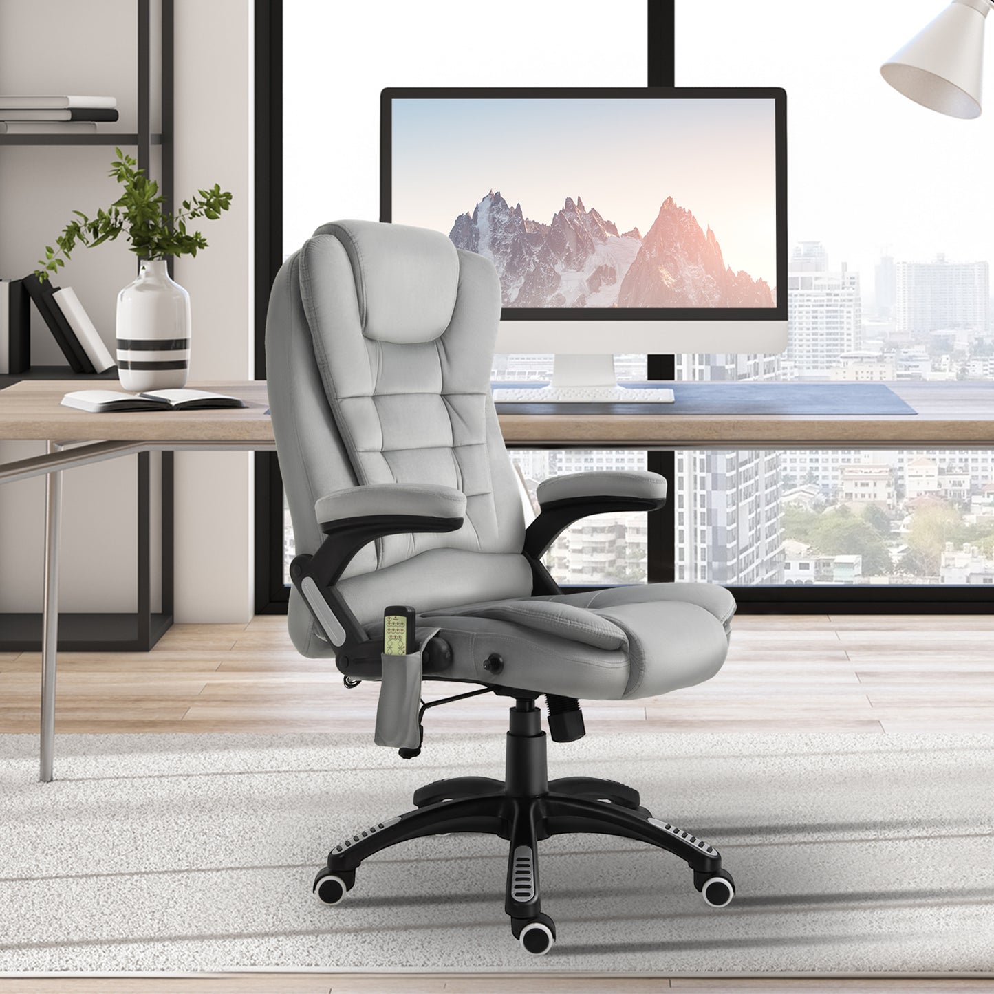 Vinsetto Bürostuhl mit Massagefunktion Ergonomischer Chefsessel mit Heizfunktion, Liegefunktion, Wippfunktion Höhenverstellbar 360° Drehbar Computerstuhl mit Seitentasche, Samtoptik, Grau