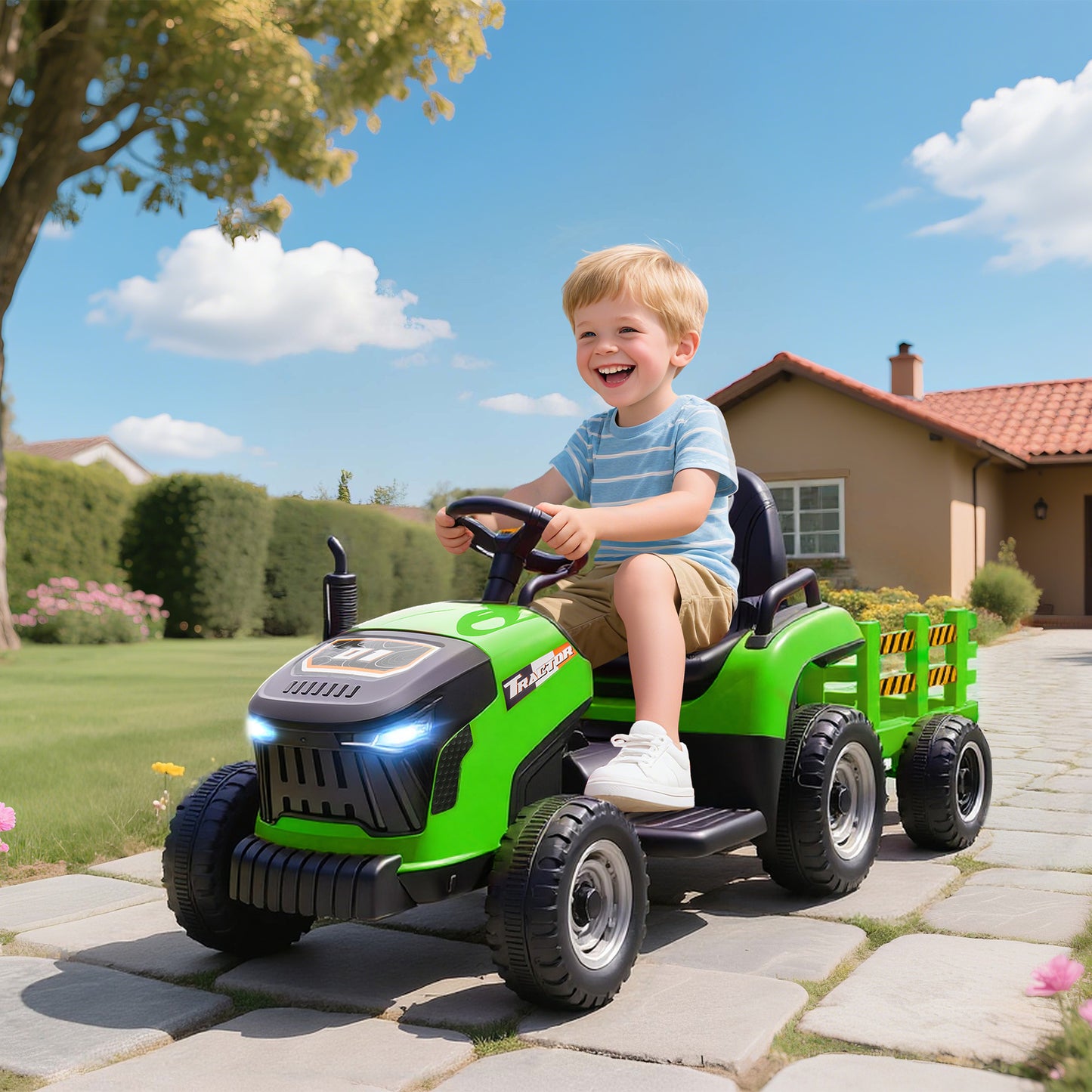 AIYAPLAY Elektrischer Kindertraktor, Aufsitz-Traktor mit Fernbedienung, Soft-Start, für Kinder im Alter von 3-8 Jahren, Grün
